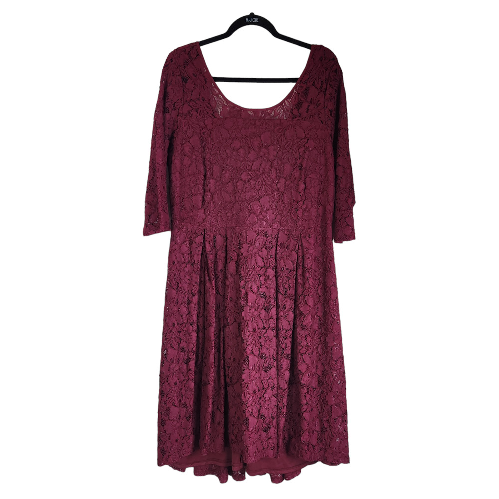 Lane Bryant Women Dress Size 16 Burgundy Red Purple 3/4 Sleeve Lace Midi Elegant